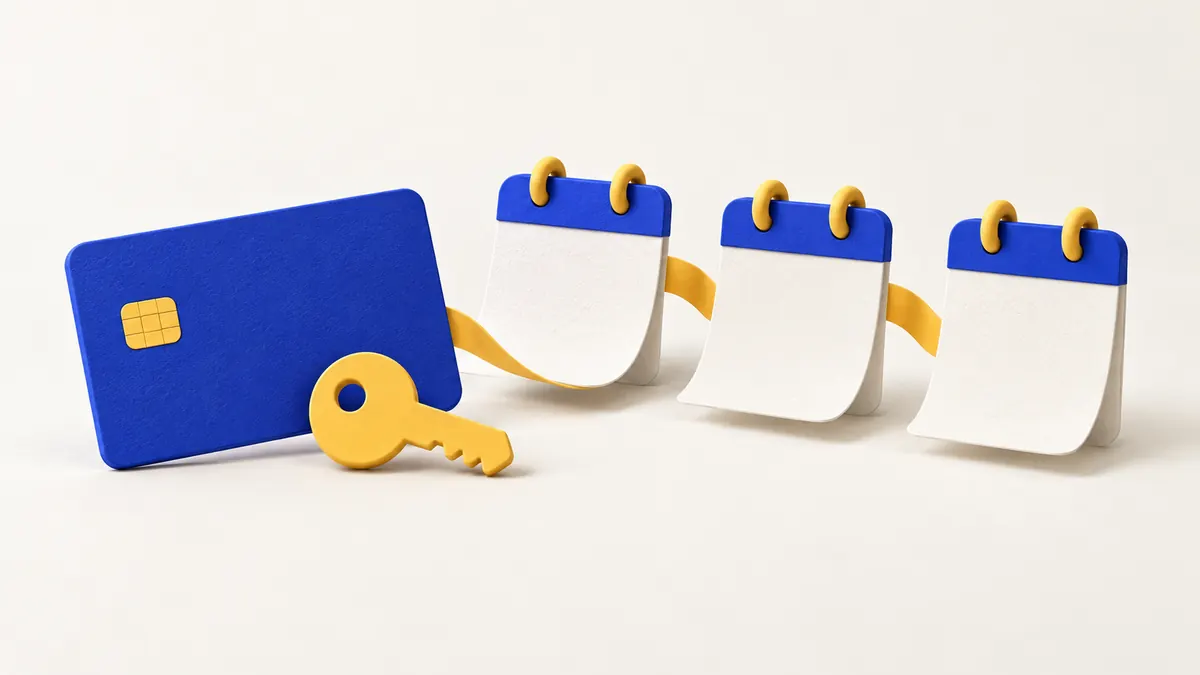 Card and authorisation key beside three connected calendar periods.