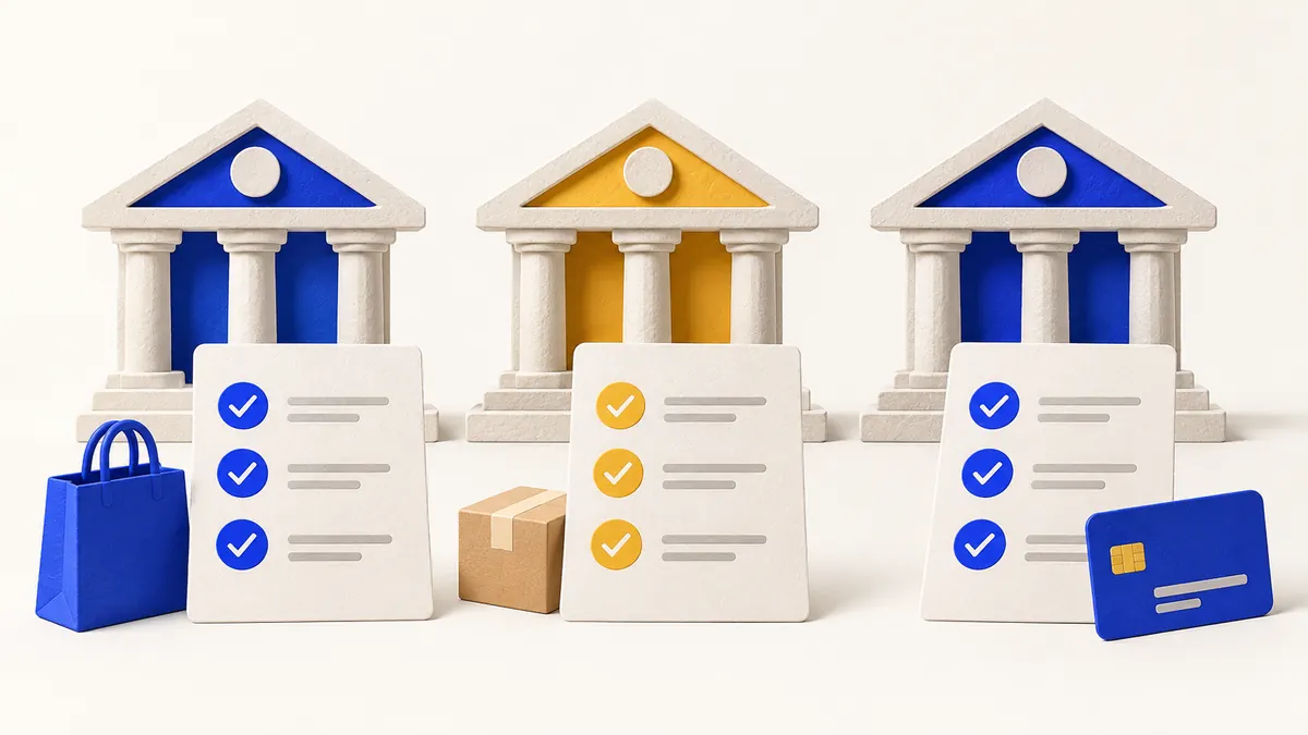 Trois maquettes de banques accompagnées de fiches de comparaison.