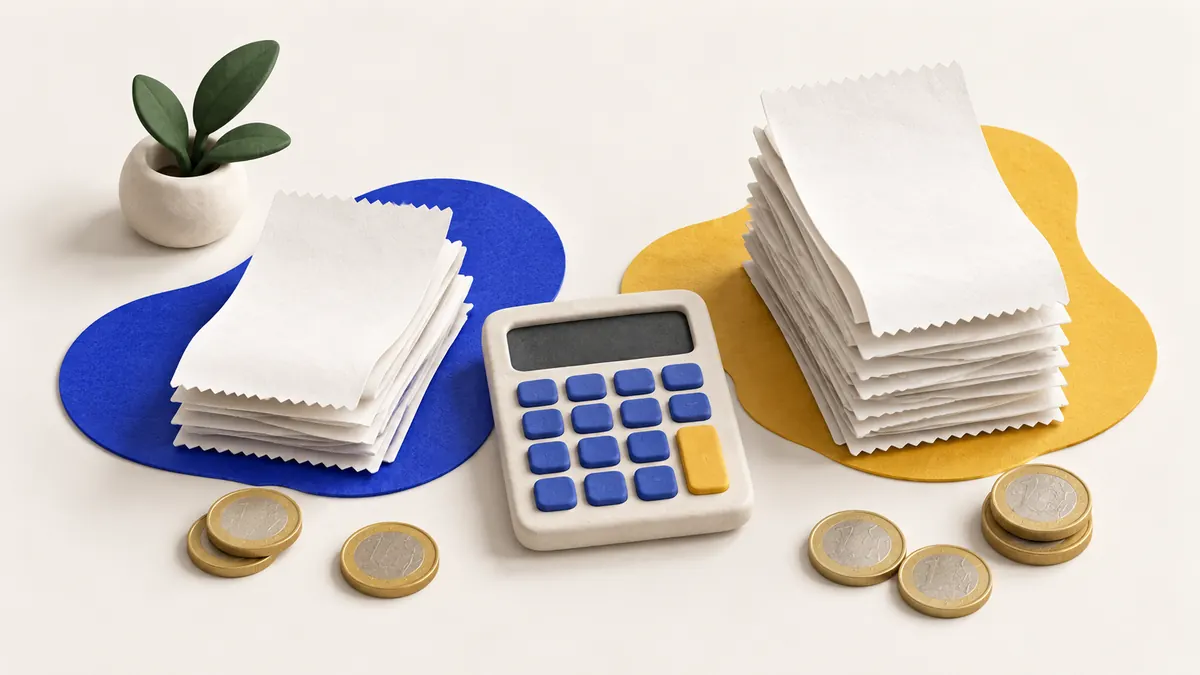 Calculator between two stacks of receipts and coins for comparing payment costs.