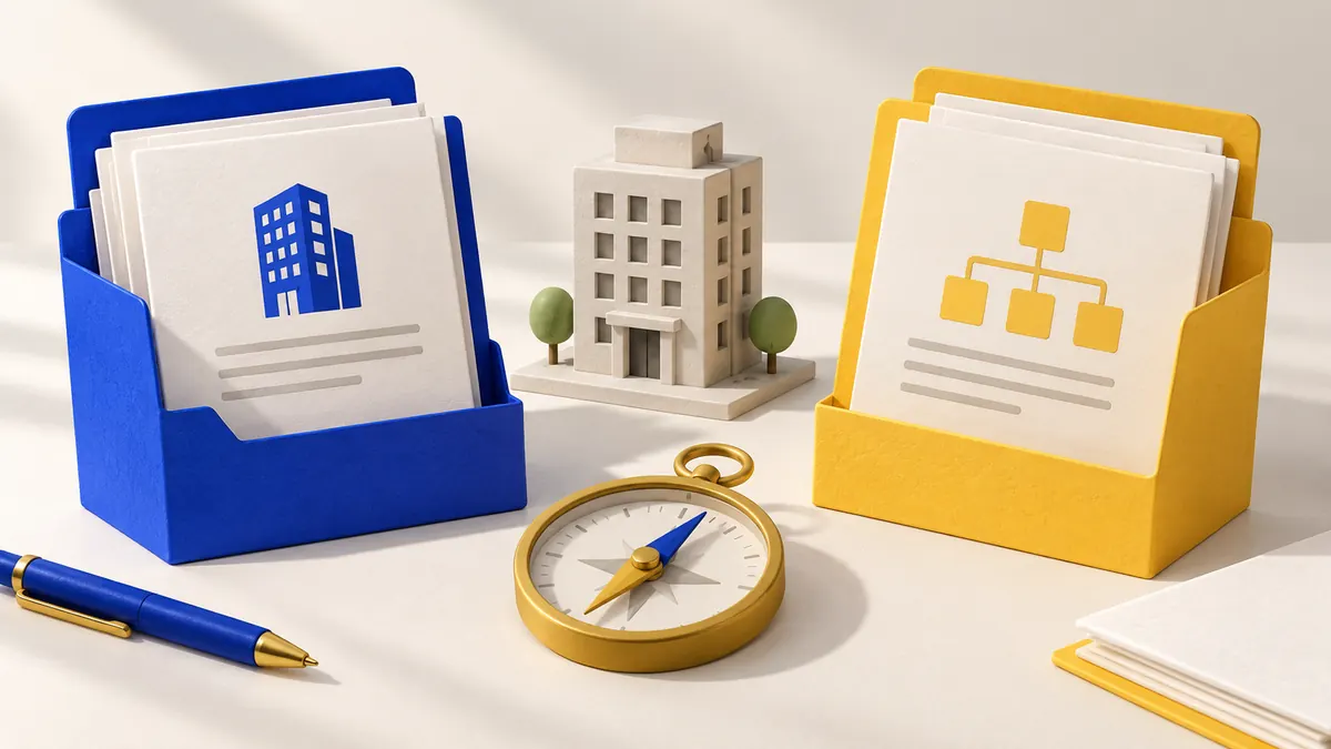 Dues carpetes de documents, una maqueta d’oficina i una brúixola per comparar estructures empresarials.