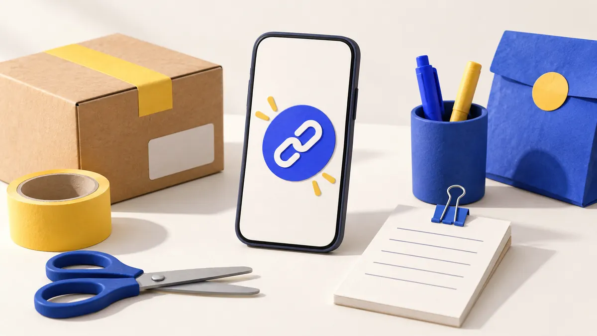Phone with a link symbol beside a parcel and an order note.