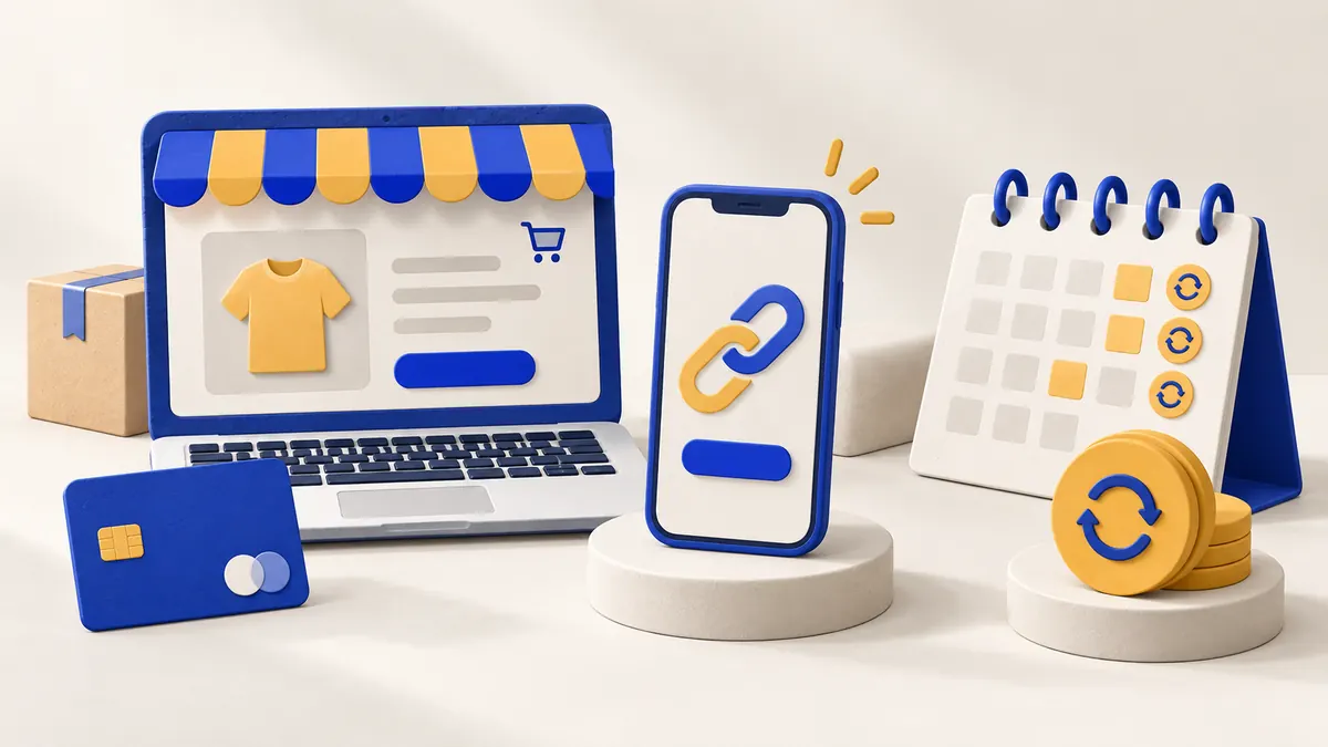 Portàtil de botiga online, mòbil amb enllaç i calendari de subscripcions.
