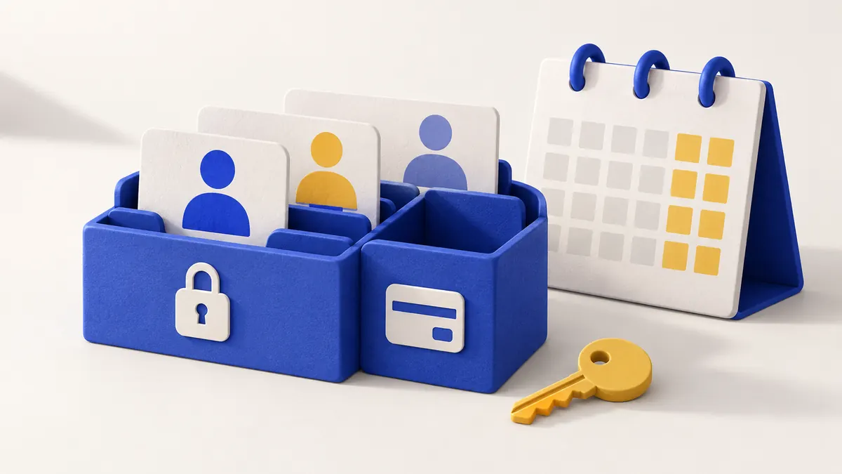 Membership card organiser beside a calendar and an access key.