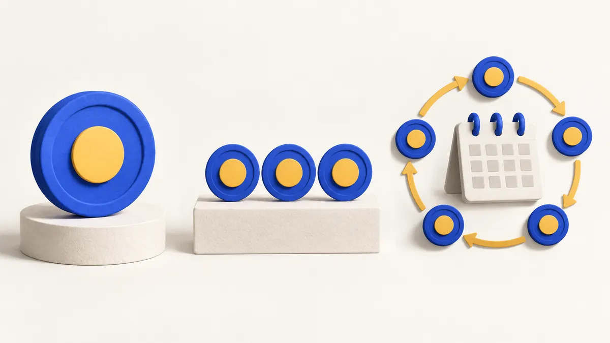One token, three instalments and a circular calendar illustrate one-off, instalment and subscription payments.