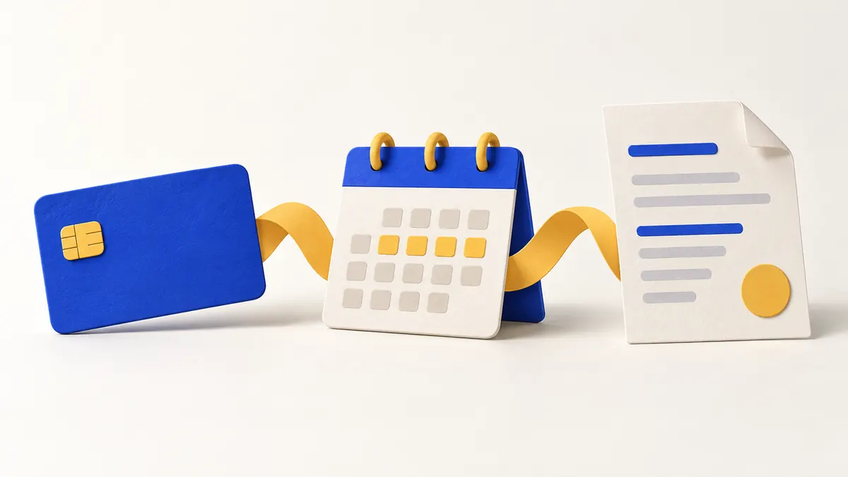 Carte, calendrier et document distincts représentent paiement, abonnement et facture.