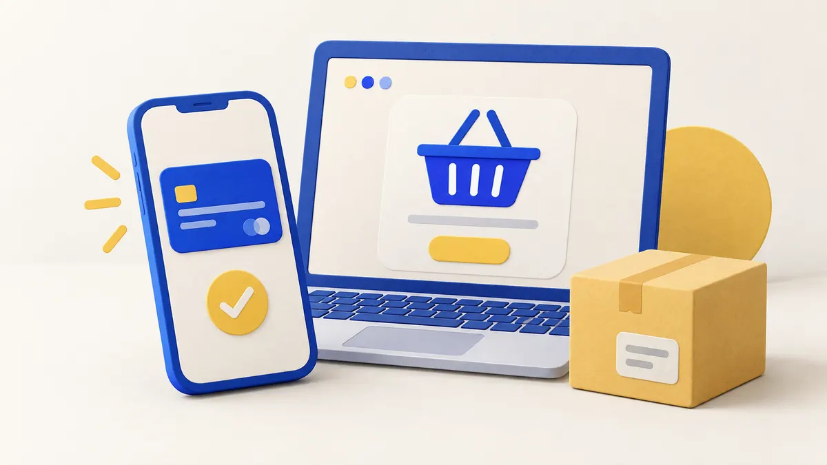 Mòbil i portàtil amb un pagament confirmat al costat d’un paquet d’una compra online.