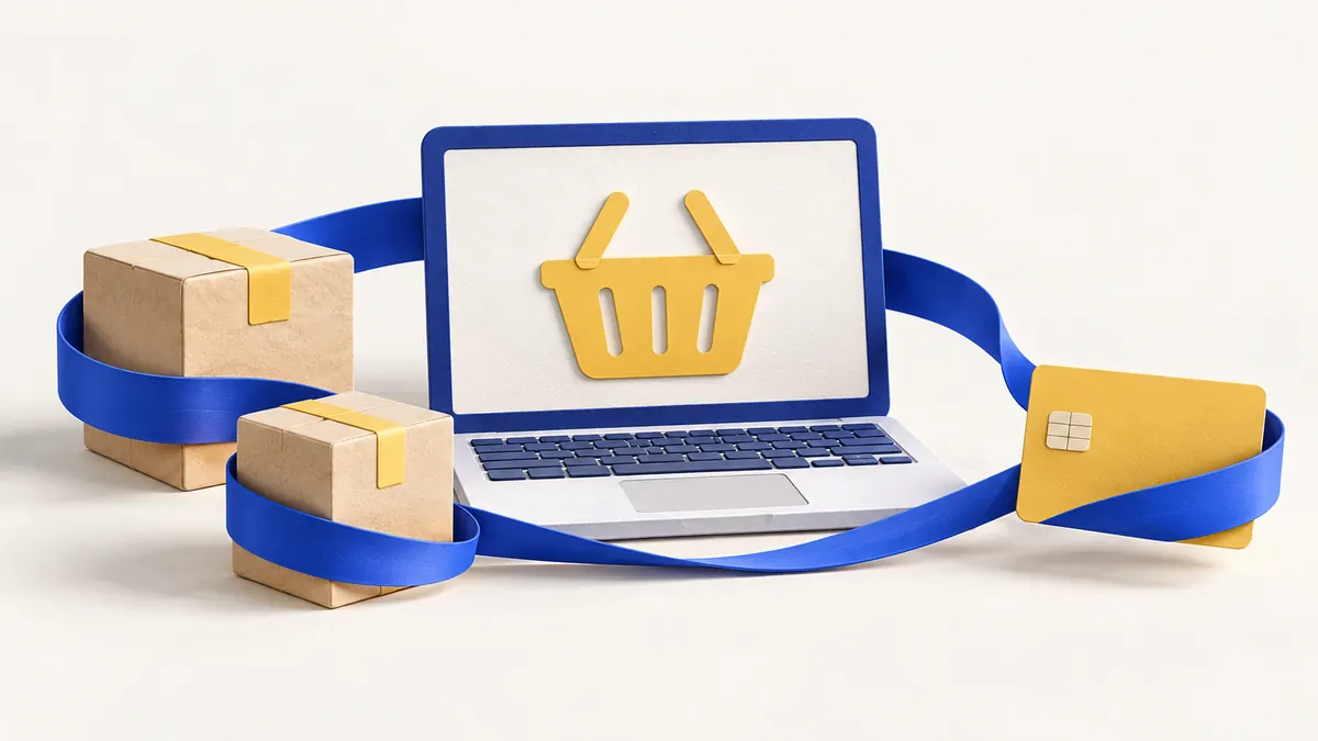Cistella de compra en un portàtil connectada amb dos paquets i una targeta de pagament.