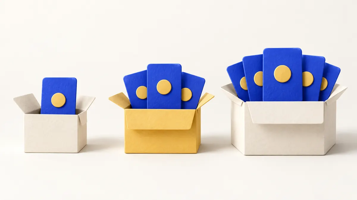 Tres caixes amb quantitats diferents de targetes representen nivells de subscripció.
