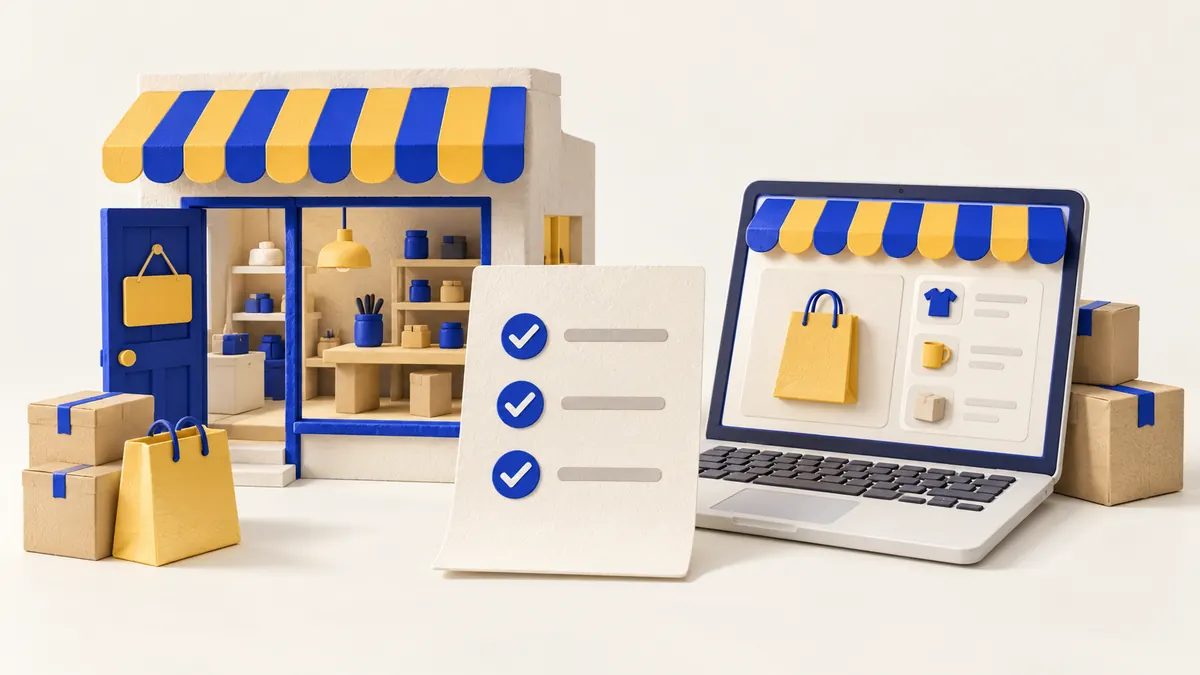 Botiga, portàtil i llista de preparació per començar a cobrar online.