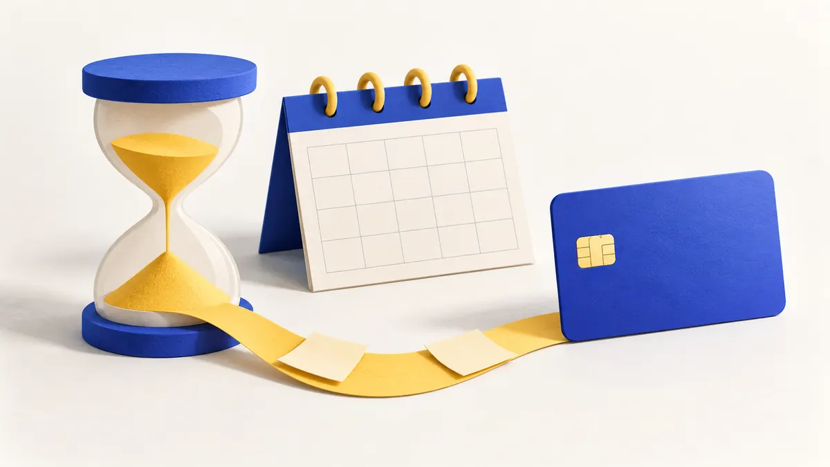 Rellotge de sorra, calendari i targeta representen el pas de prova gratuïta a pagament.