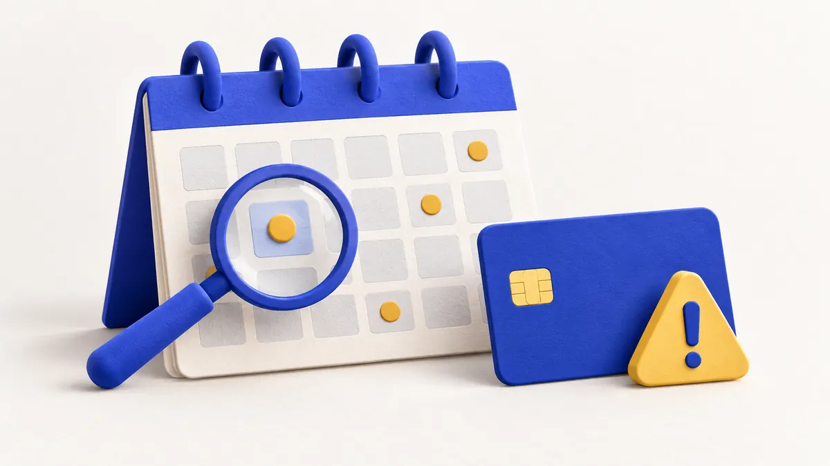 Calendrier de renouvellement et carte avec une alerte, accompagnés d’une loupe pour examiner le paiement.