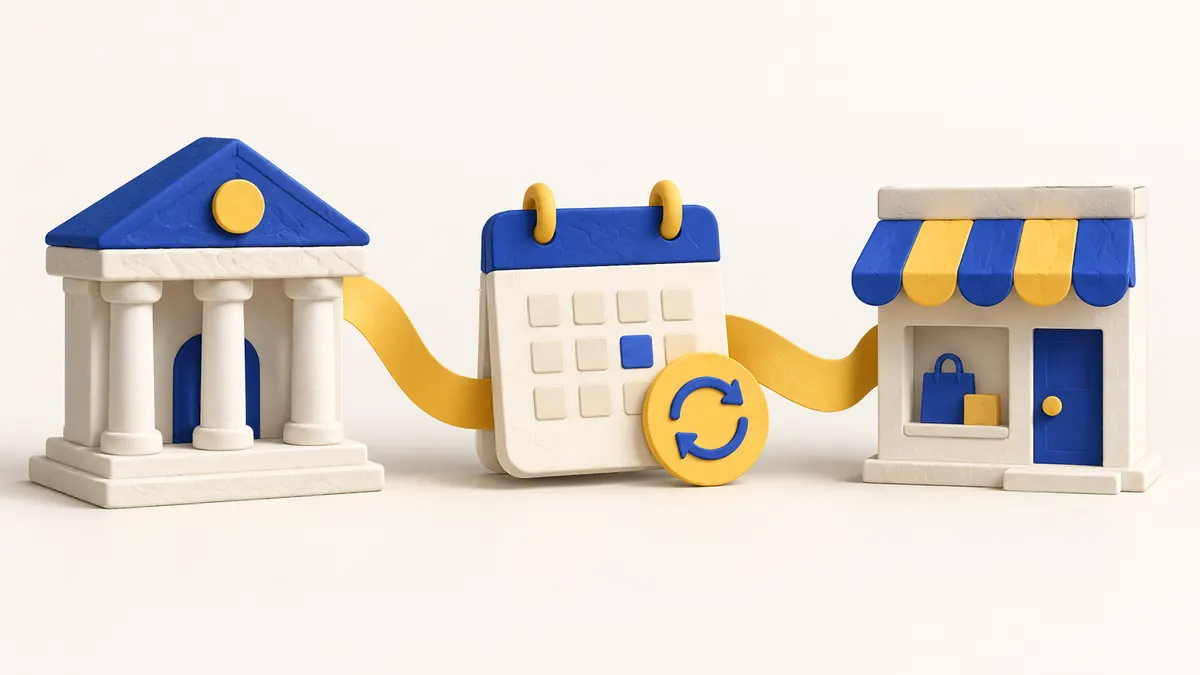 Banc, calendari recurrent i botiga connectats per representar el cobrament de subscripcions.